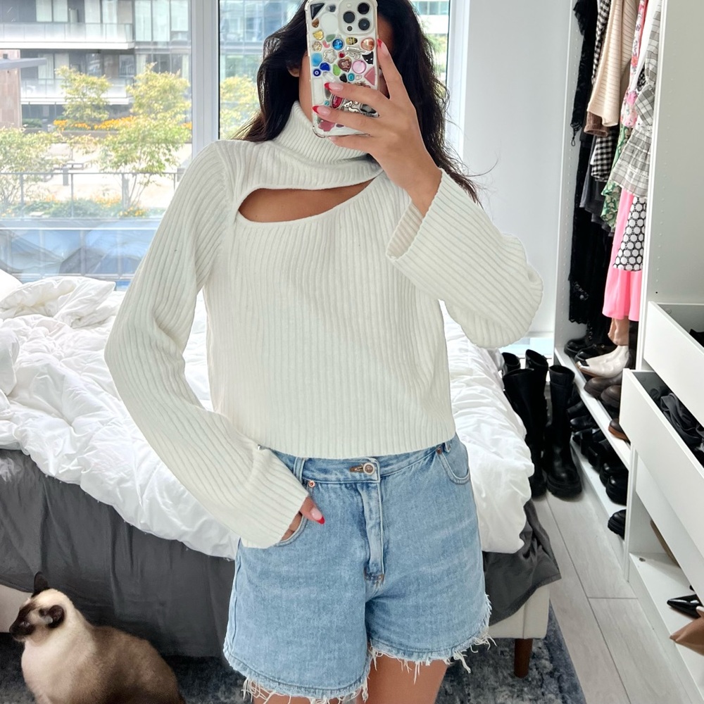 NBD White Ribbed Cutout Sweater